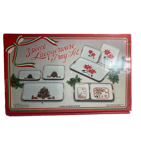 Vintage Lacquerware 3 Tray Christmas MCM Tree Angel Presents Candles Gold Japan - Picture 8 of 12